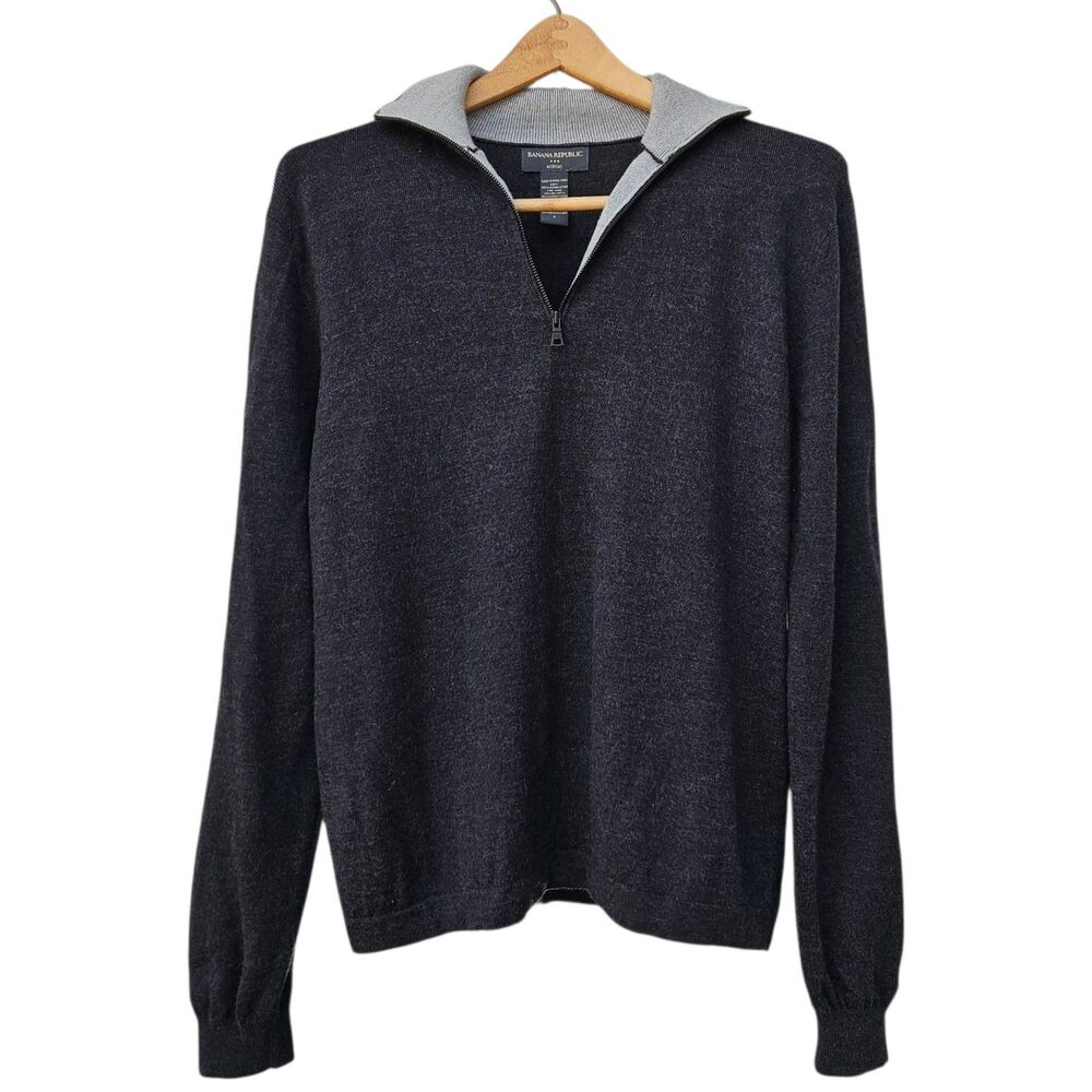Banana Republic Extra Fine Merino Wool Sweater Mens Small Charcoal Gray 1/4 Zip